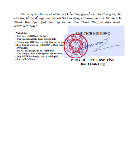 Hướng dẫn do đồng chí Đầu Thanh Tùng - Tỉnh ủy viên, Phó Chủ tịch UBND tỉnh - Chủ tịch Hội đồng bảo trợ Quỹ Bảo trợ trẻ em tỉnh ký.