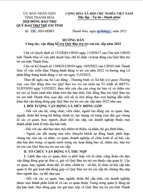 Hướng dẫn 156/HD-HĐBT ngày 09/6/2022