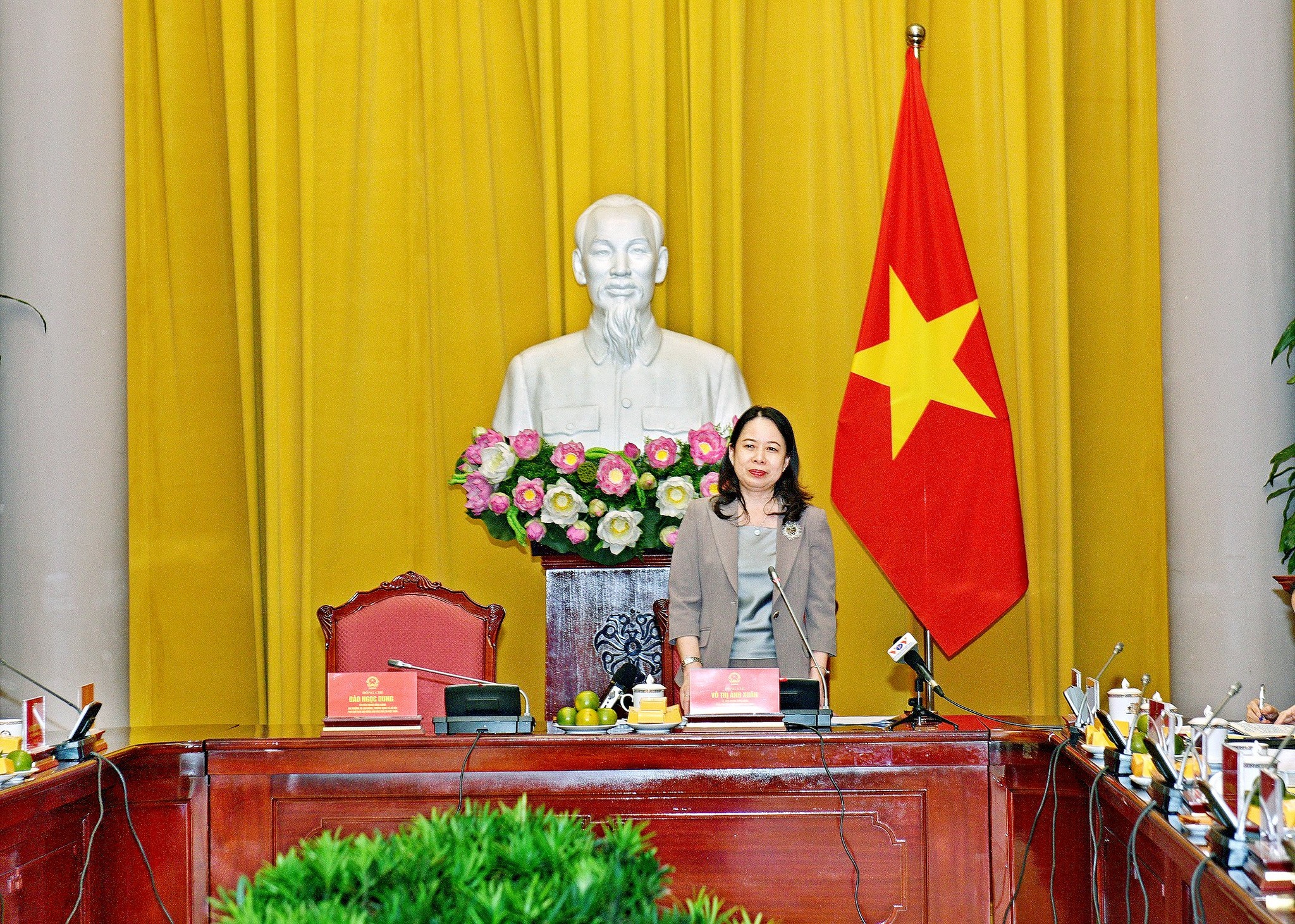 Phó Chủ tịch nước Võ Thị Ánh Xuân - Chủ tịch Hội đồng bảo trợ Quỹ Bảo trợ trẻ em Việt Nam phát biểu tại cuộc họp_ Ảnh: Minh Đức TTXVN.