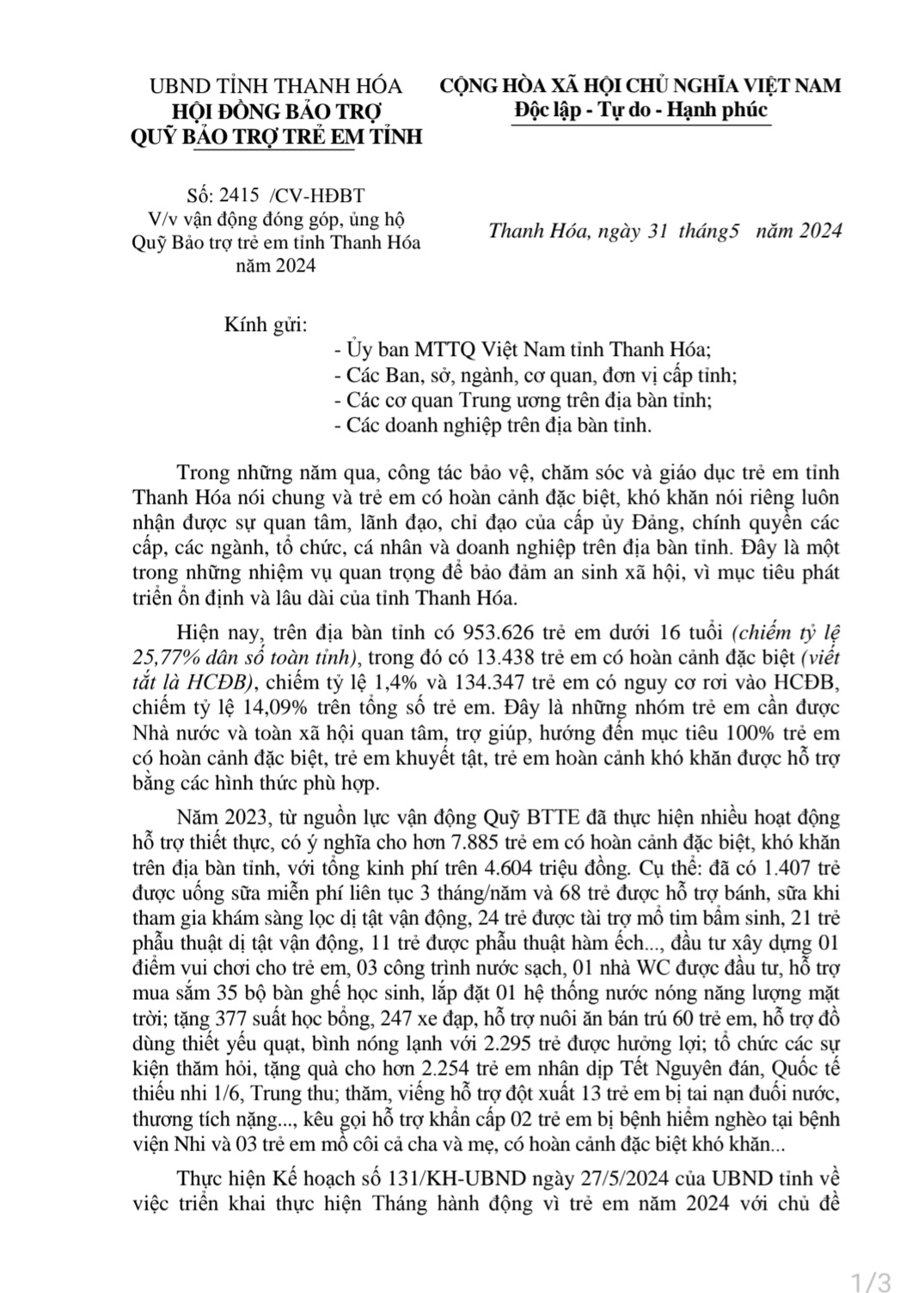 Toàn văn Công văn số 2415/CV-HĐBT ngày 31/5/2024 - Trang 1